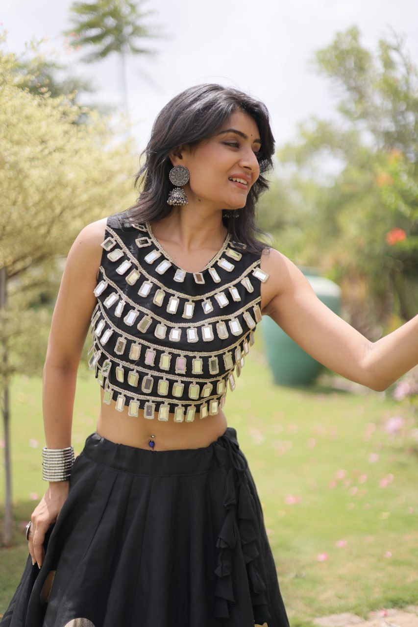 Black Round Gota Roman Silk Navratri Lehenga Choli Set