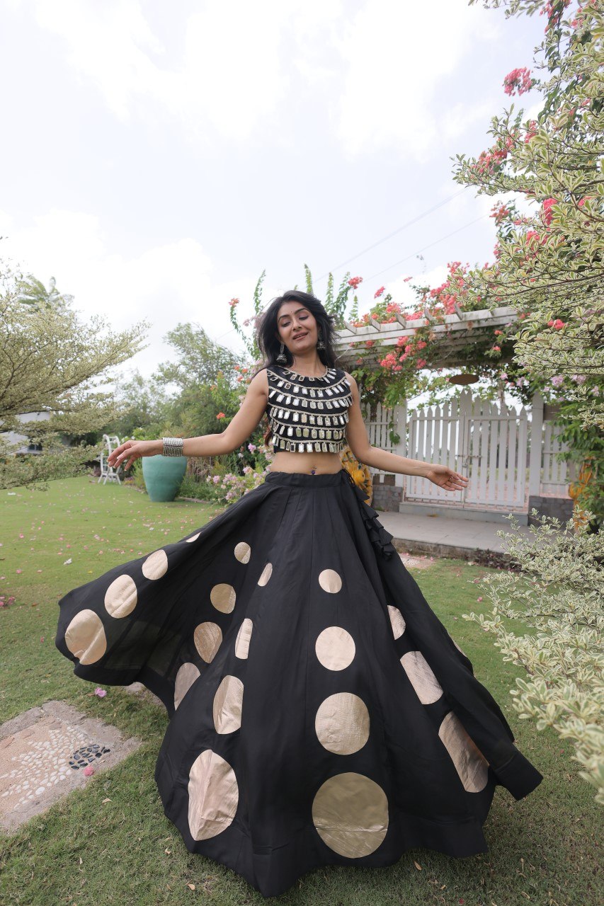 Black Round Gota Roman Silk Navratri Lehenga Choli Set