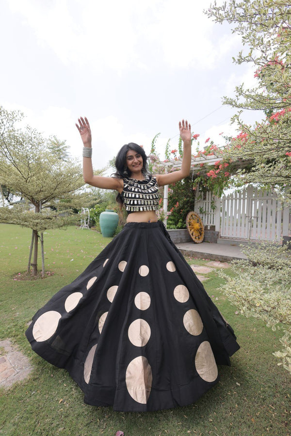 Black Round Gota Roman Silk Navratri Lehenga Choli Set