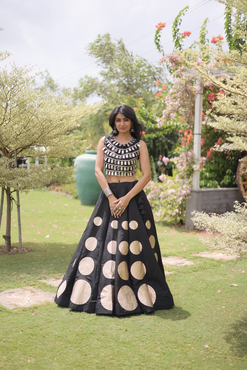 Black Round Gota Roman Silk Navratri Lehenga Choli Set