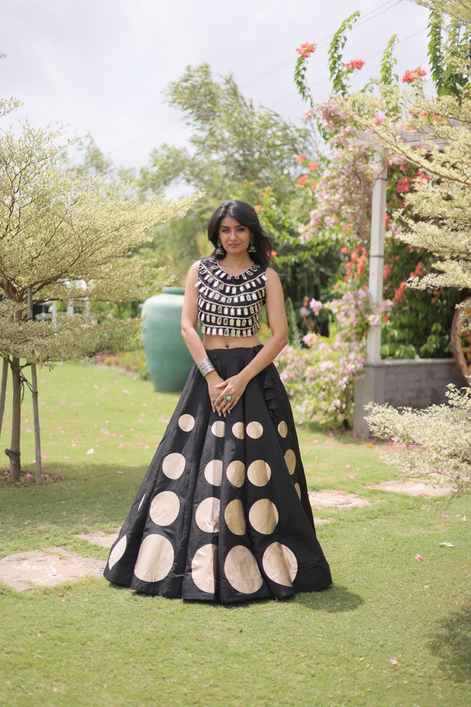 Black Round Gota Roman Silk Navratri Lehenga Choli Set