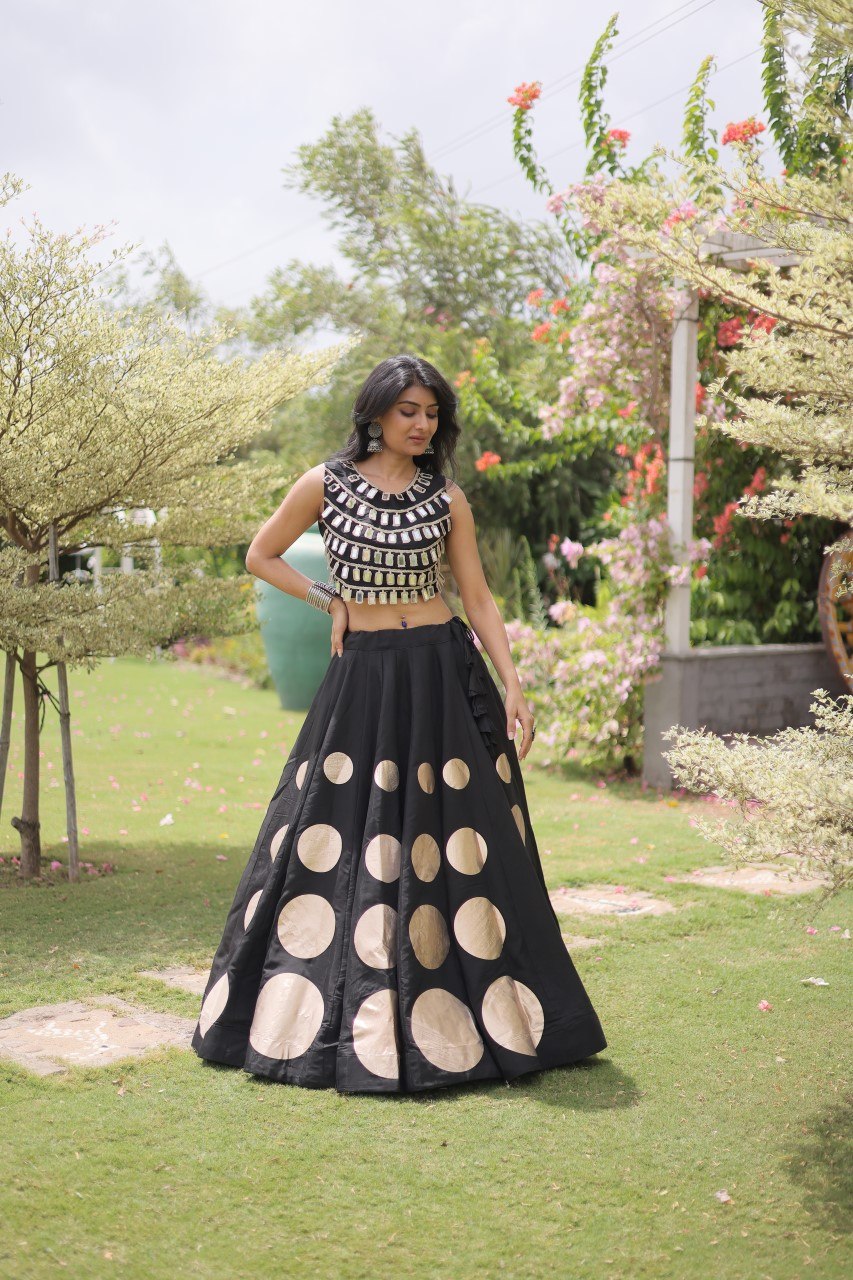 Black Round Gota Roman Silk Navratri Lehenga Choli Set