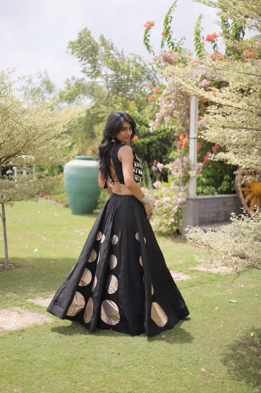 Black Round Gota Roman Silk Navratri Lehenga Choli Set