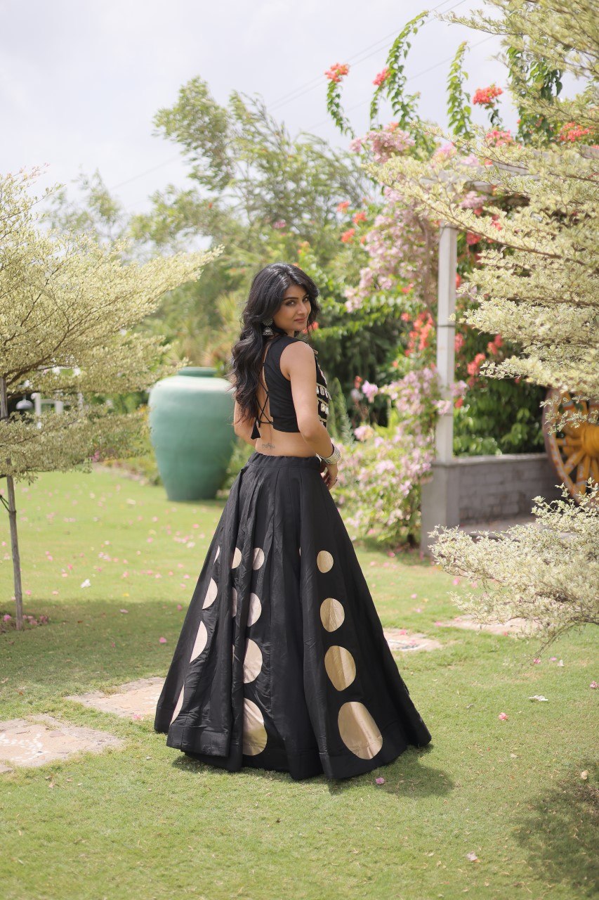 Black Round Gota Roman Silk Navratri Lehenga Choli Set