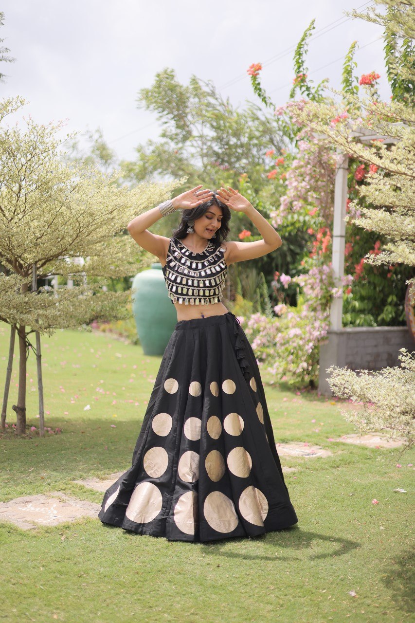 Black Round Gota Roman Silk Navratri Lehenga Choli Set