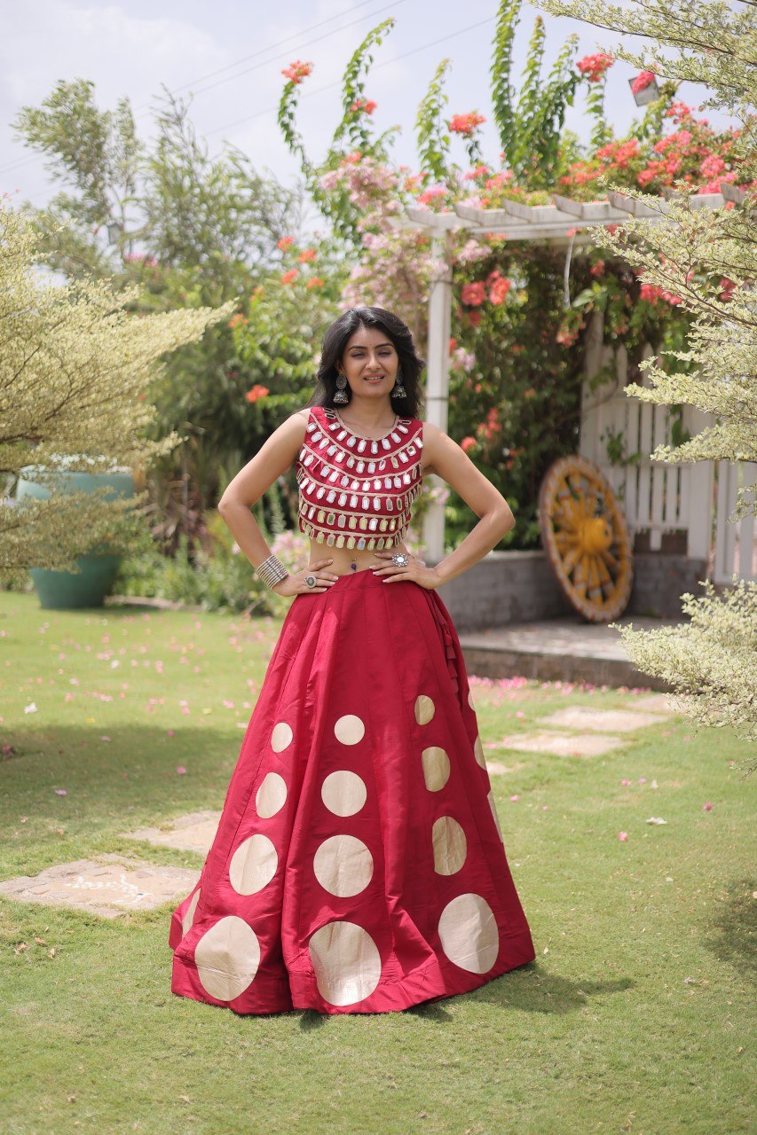 Maroon Round Gota Roman Silk Navratri Lehenga Choli Set