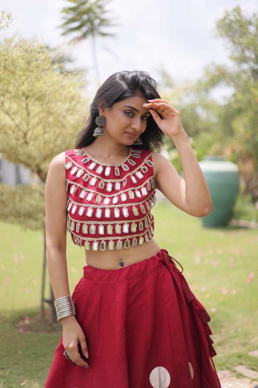 Maroon Round Gota Roman Silk Navratri Lehenga Choli Set