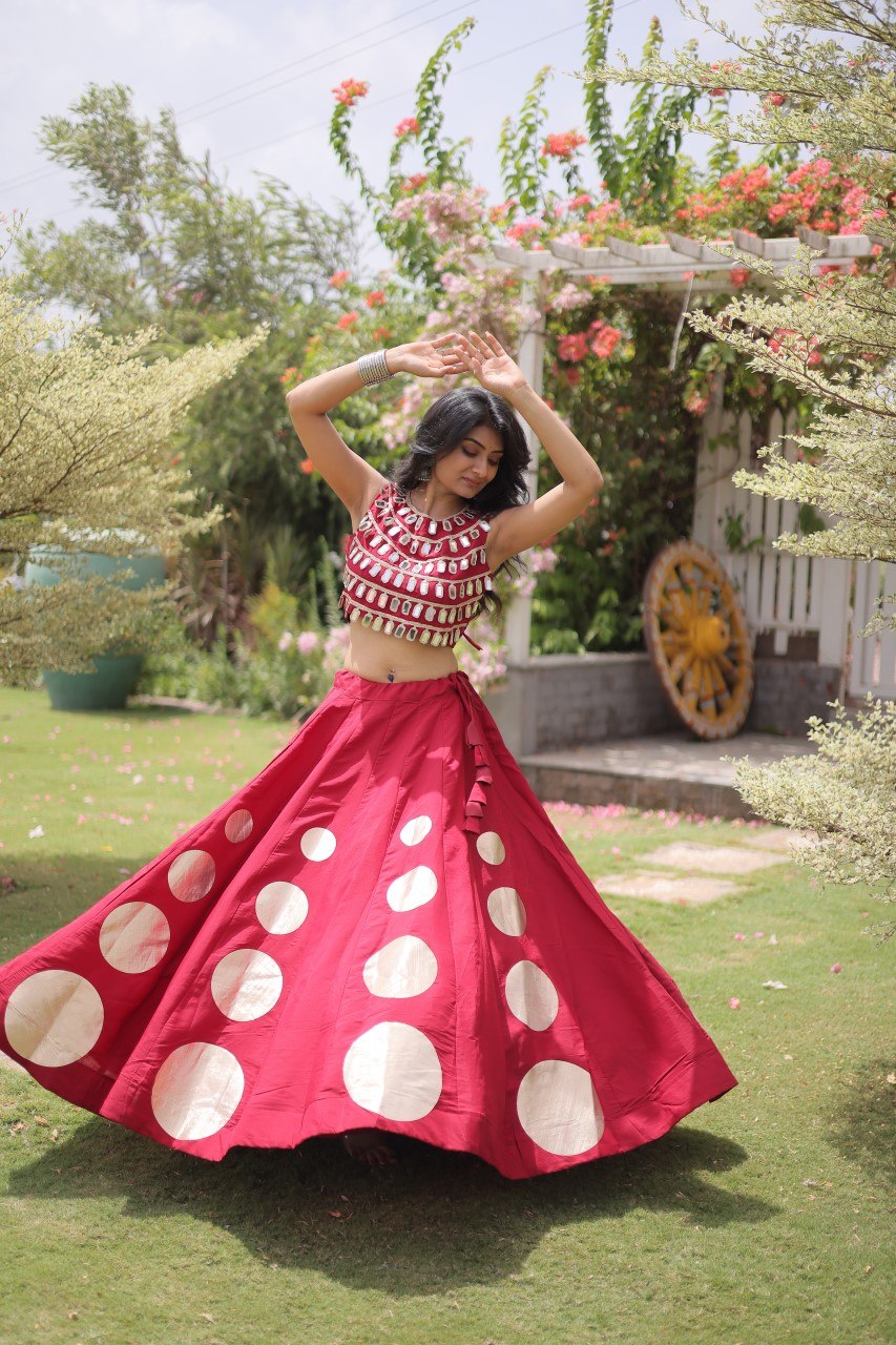Maroon Round Gota Roman Silk Navratri Lehenga Choli Set