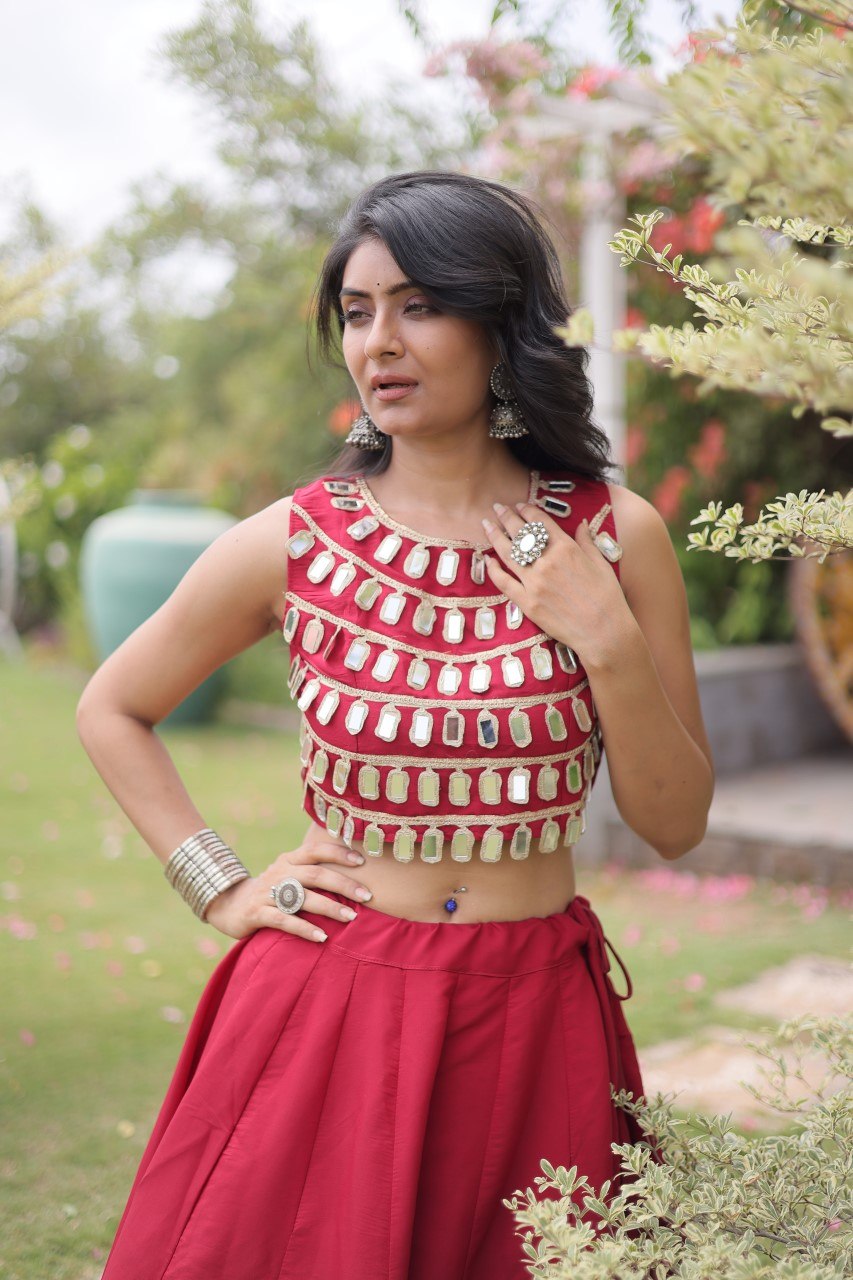 Maroon Round Gota Roman Silk Navratri Lehenga Choli Set