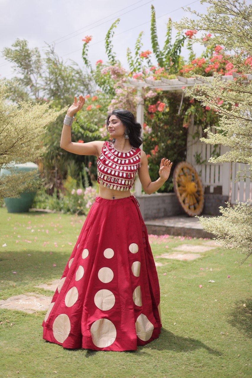 Maroon Round Gota Roman Silk Navratri Lehenga Choli Set