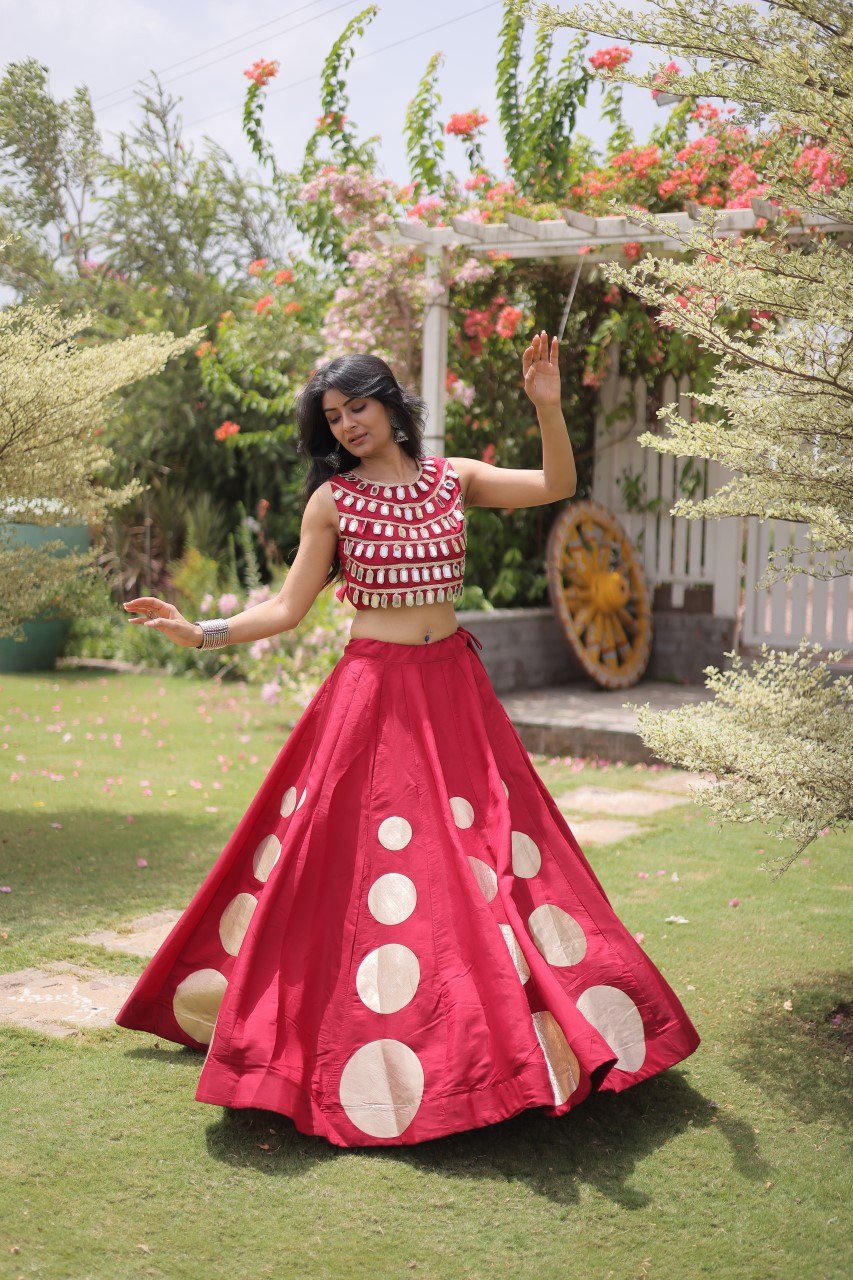 Maroon Round Gota Roman Silk Navratri Lehenga Choli Set