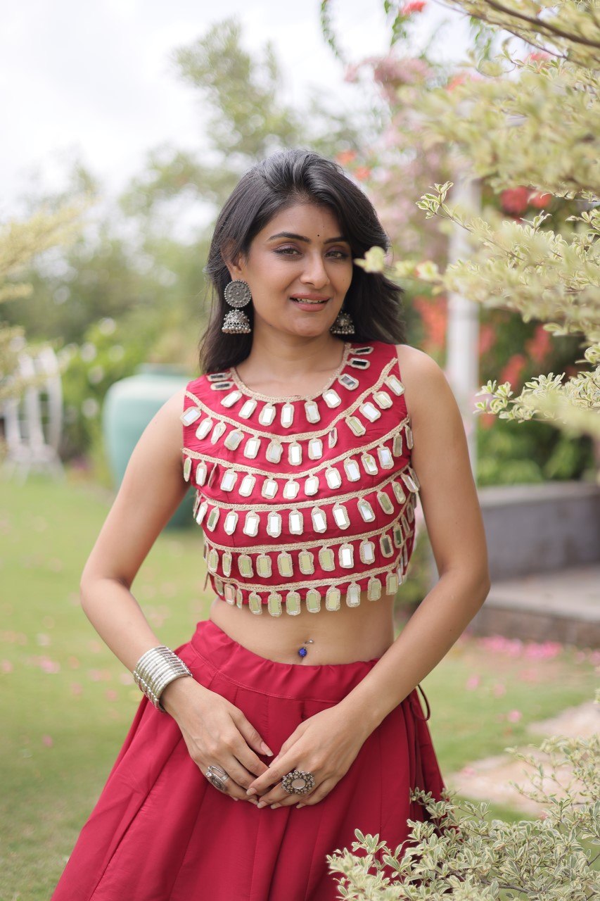 Maroon Round Gota Roman Silk Navratri Lehenga Choli Set