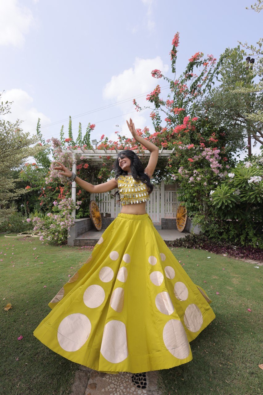 Yellow Round Gota Roman Silk Navratri Lehenga Choli Set
