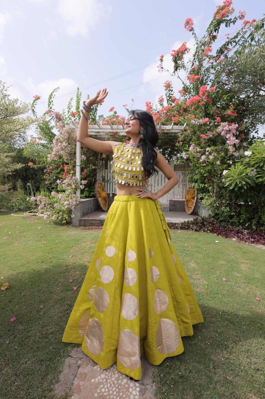 Yellow Round Gota Roman Silk Navratri Lehenga Choli Set
