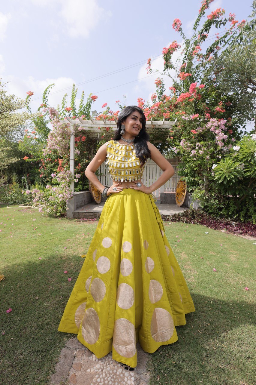 Yellow Round Gota Roman Silk Navratri Lehenga Choli Set