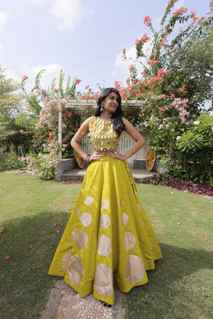 Yellow Round Gota Roman Silk Navratri Lehenga Choli Set