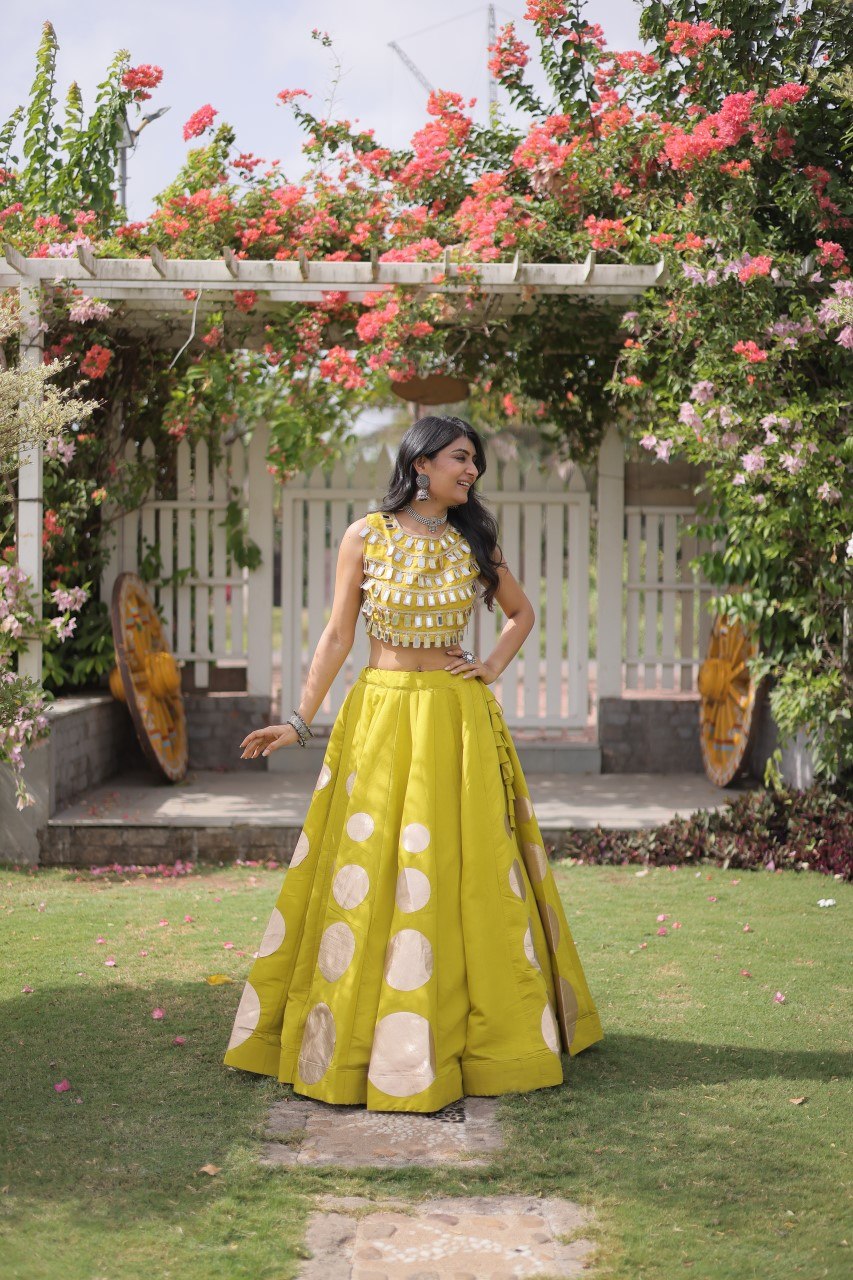 Yellow Round Gota Roman Silk Navratri Lehenga Choli Set