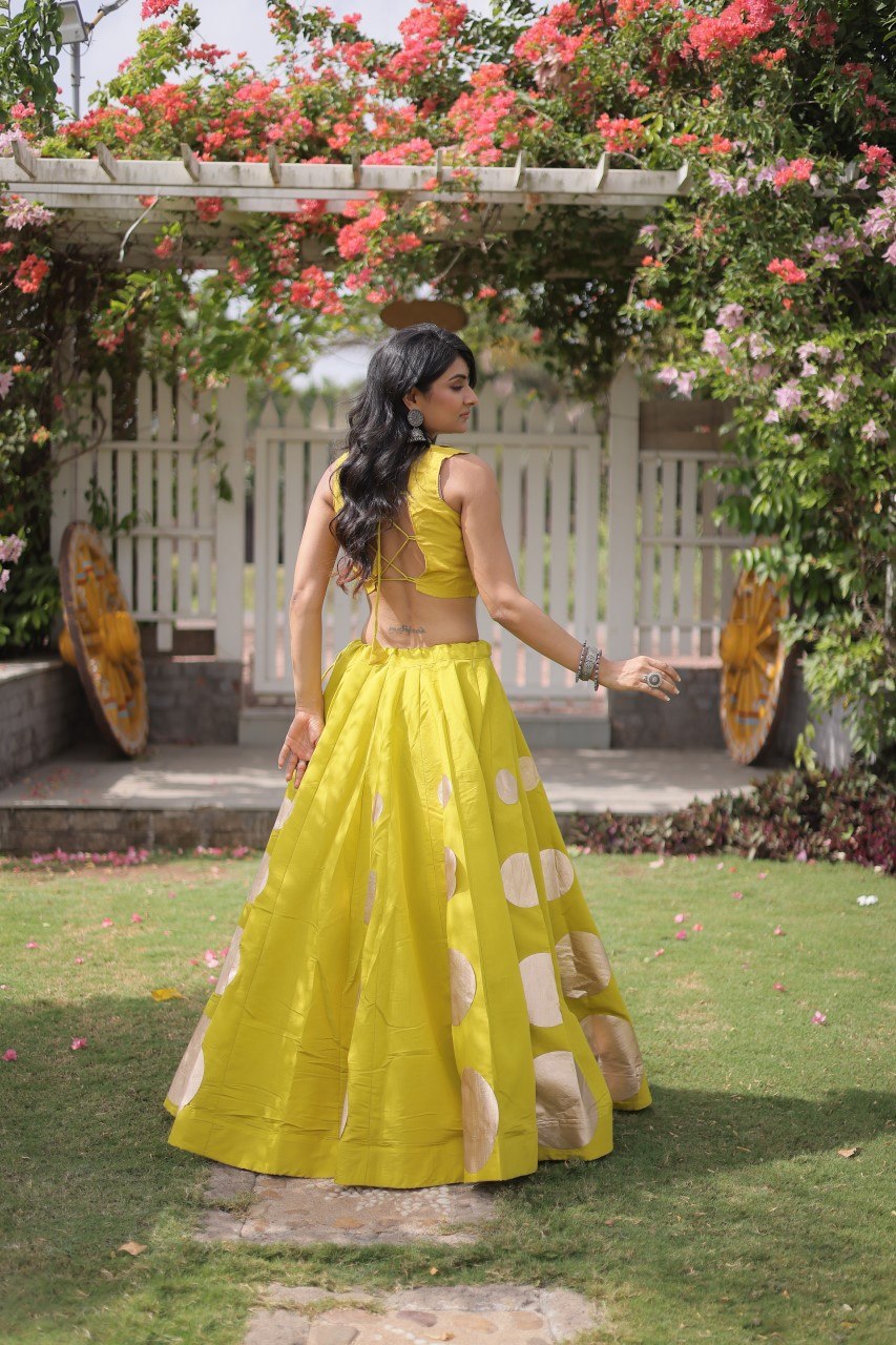 Yellow Round Gota Roman Silk Navratri Lehenga Choli Set