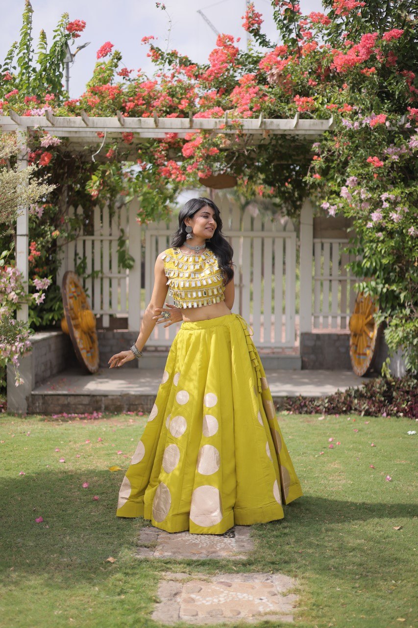 Yellow Round Gota Roman Silk Navratri Lehenga Choli Set