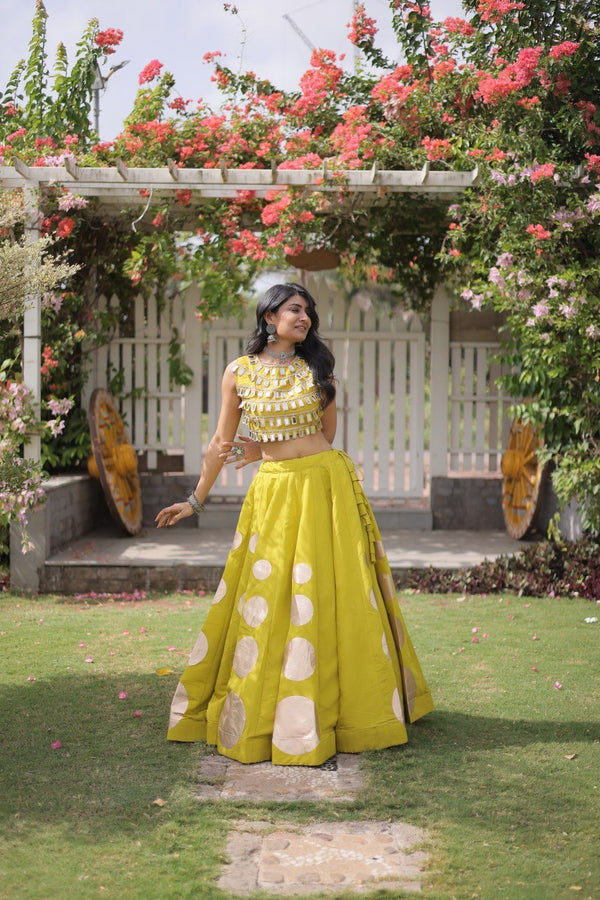 Yellow Round Gota Roman Silk Navratri Lehenga Choli Set