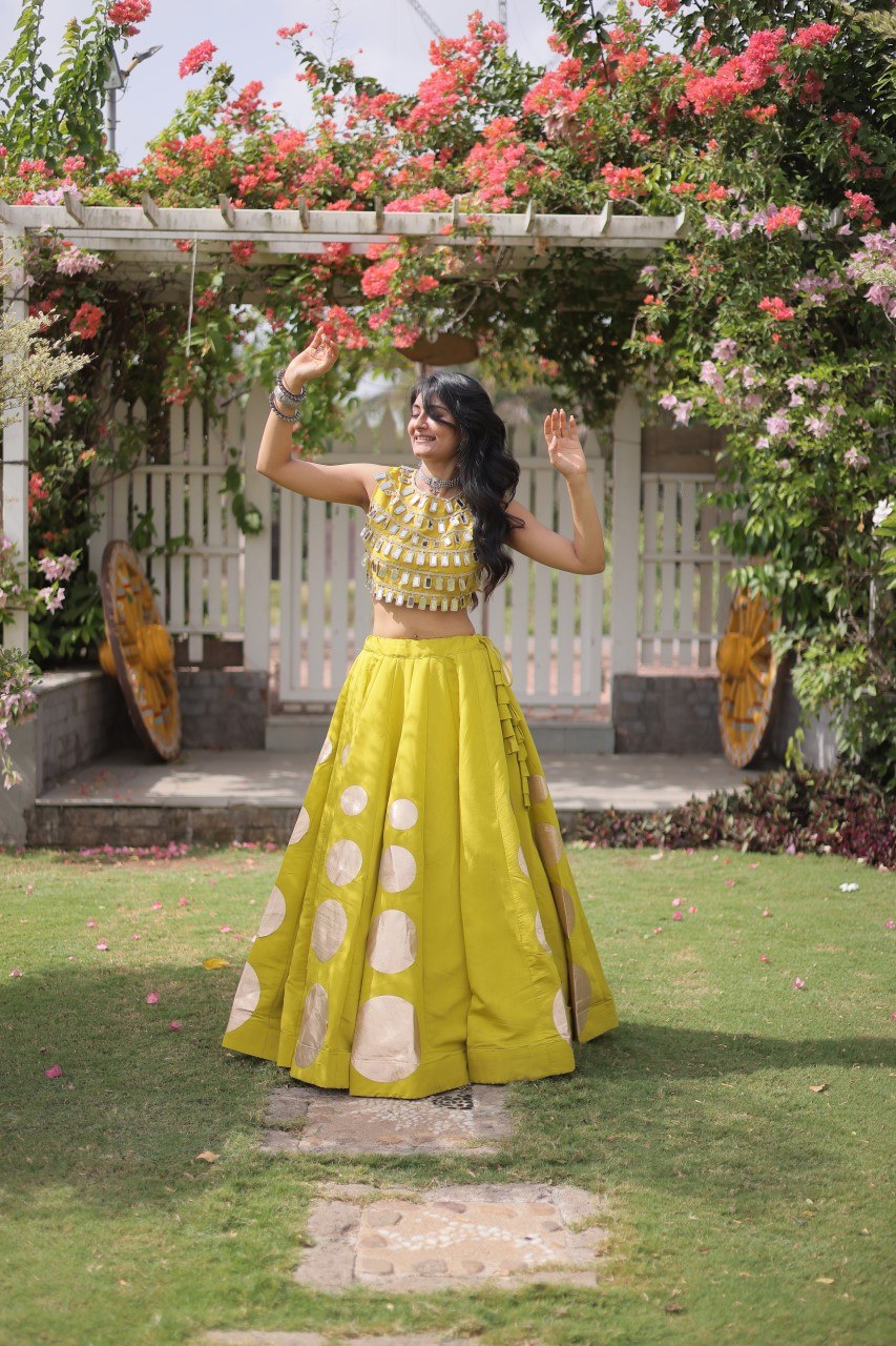 Yellow Round Gota Roman Silk Navratri Lehenga Choli Set