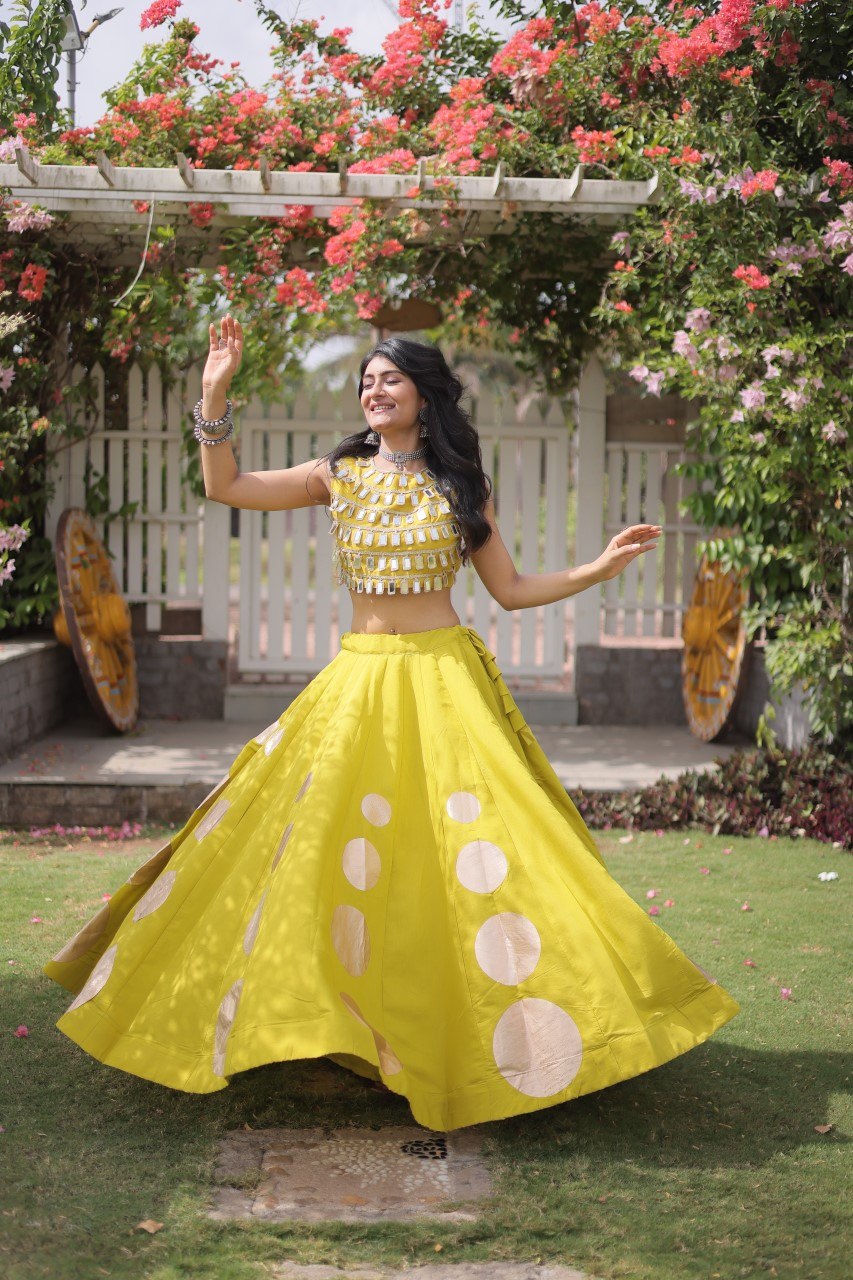 Yellow Round Gota Roman Silk Navratri Lehenga Choli Set