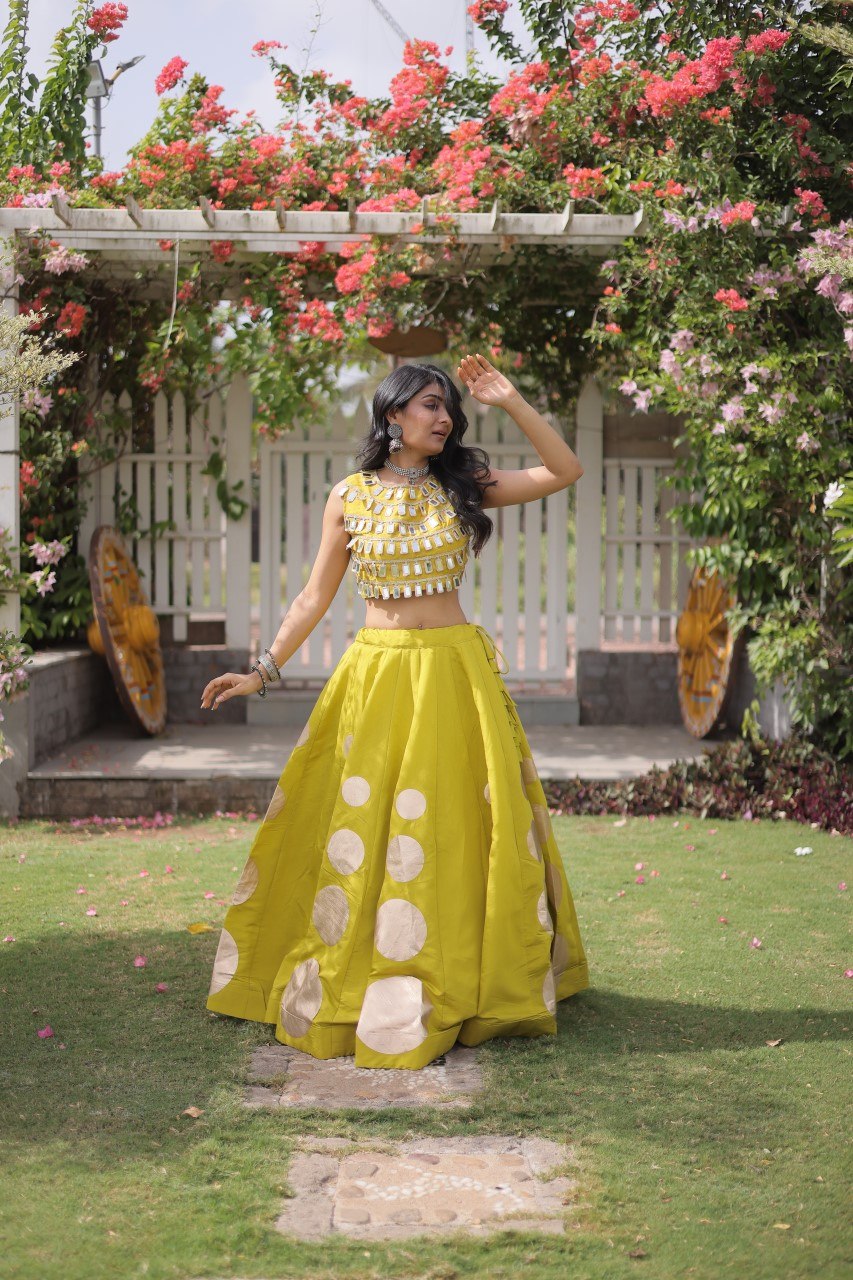 Yellow Round Gota Roman Silk Navratri Lehenga Choli Set