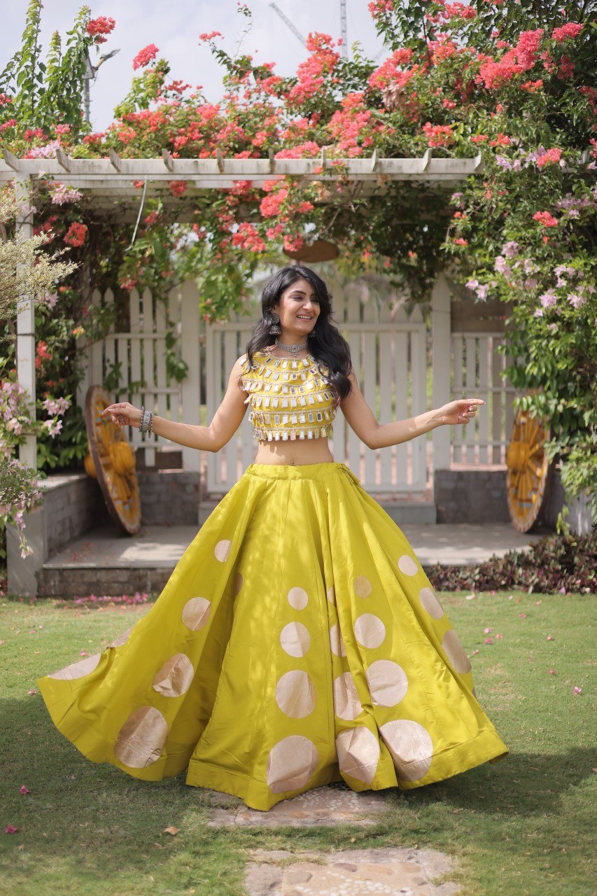 Yellow Round Gota Roman Silk Navratri Lehenga Choli Set