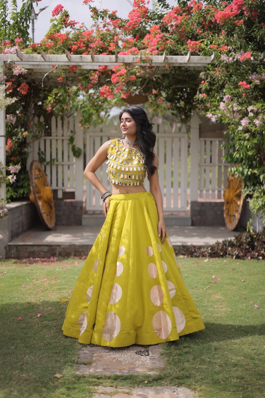 Yellow Round Gota Roman Silk Navratri Lehenga Choli Set