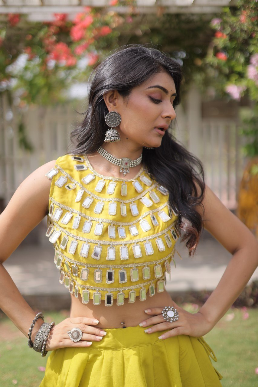 Yellow Round Gota Roman Silk Navratri Lehenga Choli Set