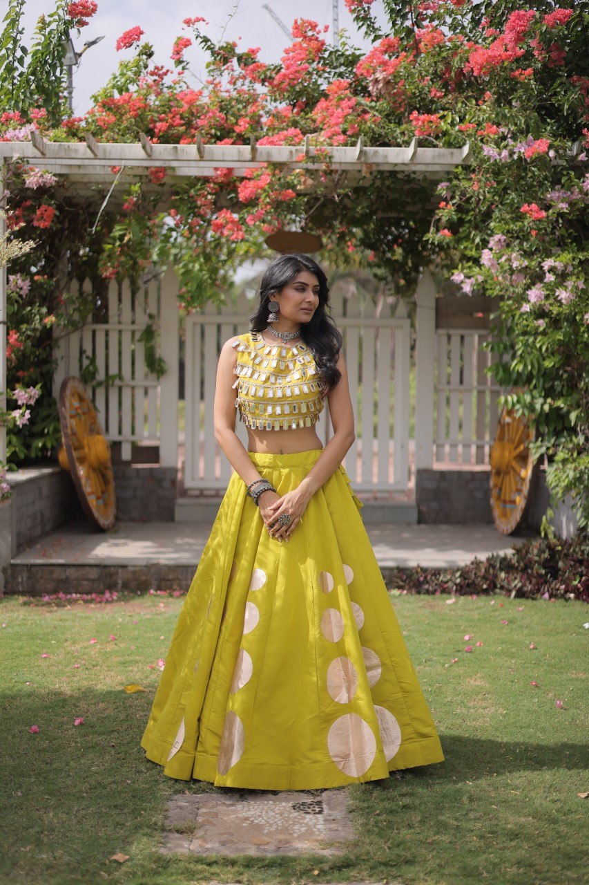 Yellow Round Gota Roman Silk Navratri Lehenga Choli Set