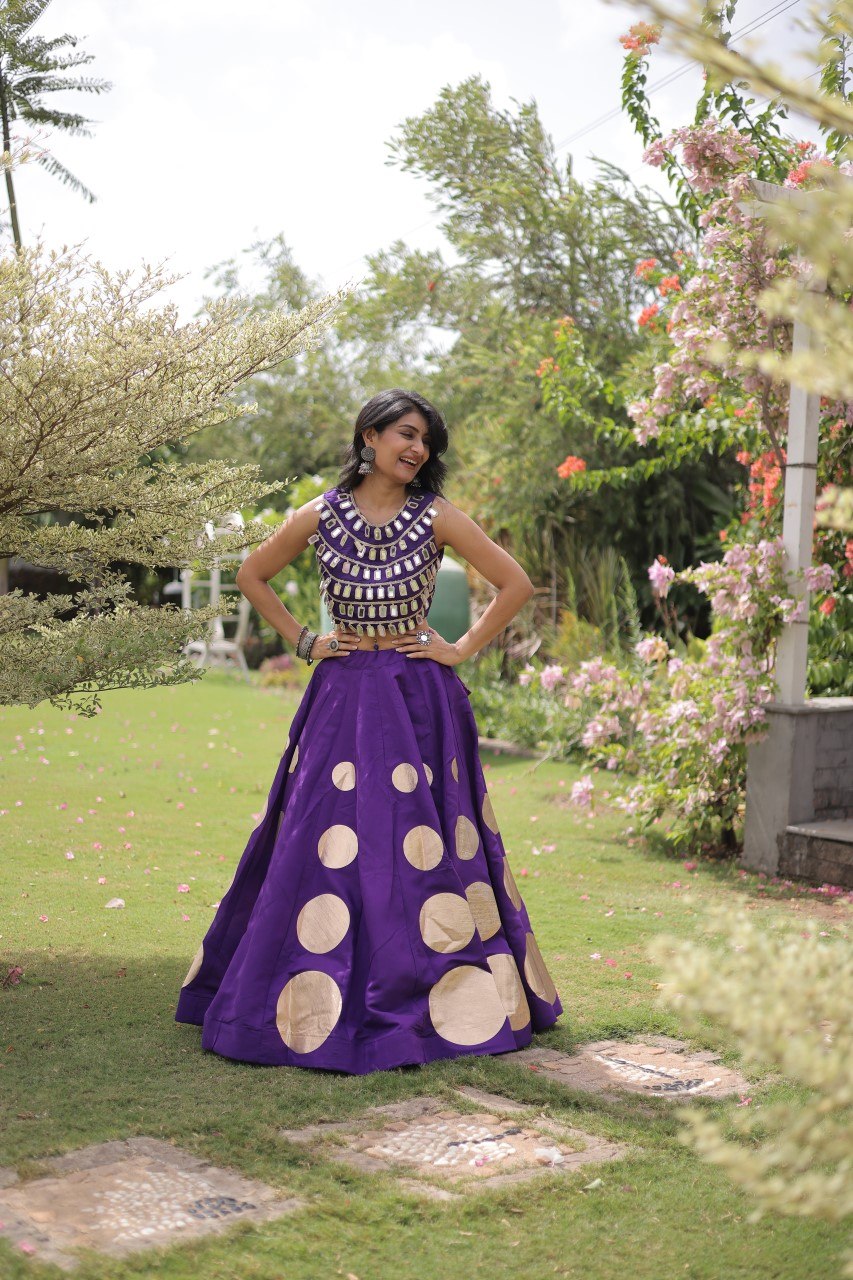 Purple Round Gota Roman Silk Navratri Lehenga Choli Set