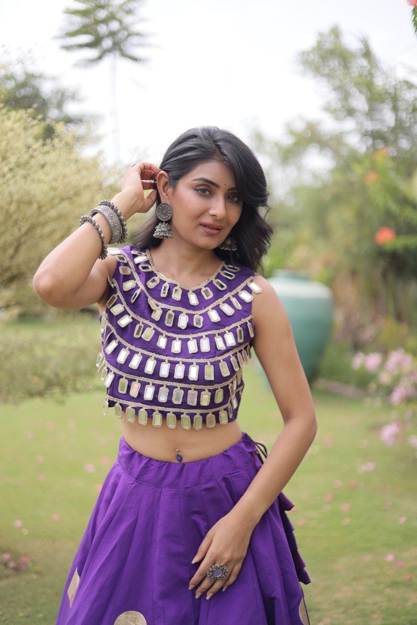 Purple Round Gota Roman Silk Navratri Lehenga Choli Set
