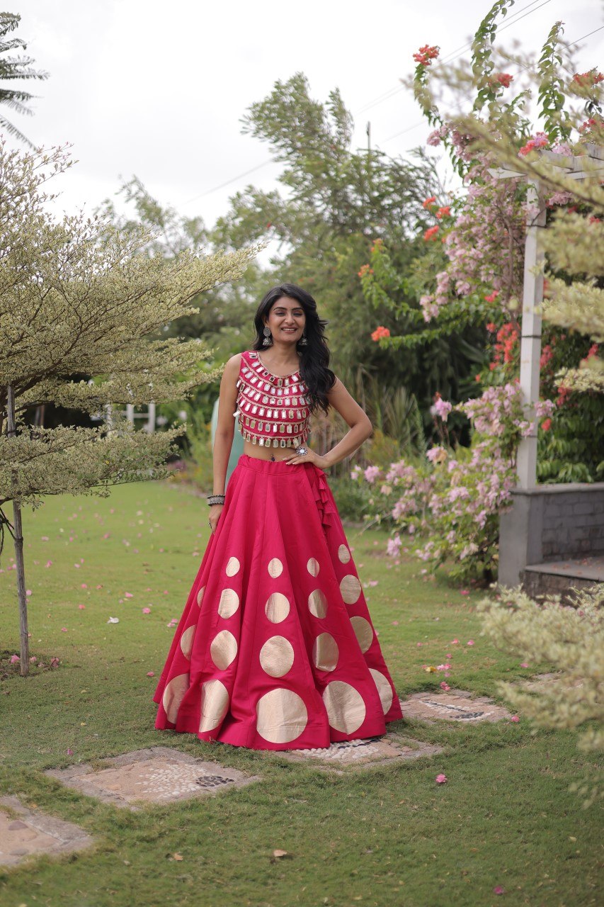 Pink Round Gota Roman Silk Navratri Lehenga Choli Set