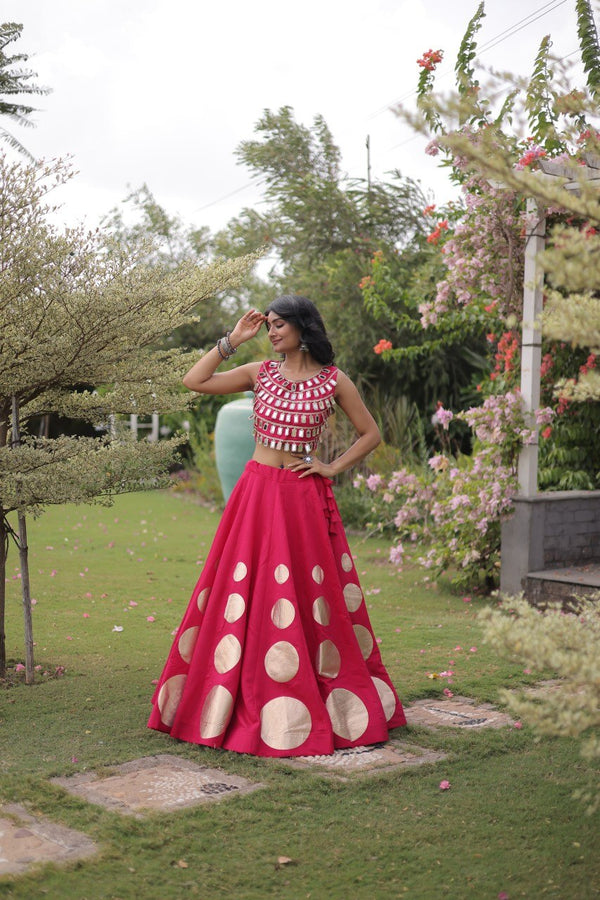 Pink Round Gota Roman Silk Navratri Lehenga Choli Set