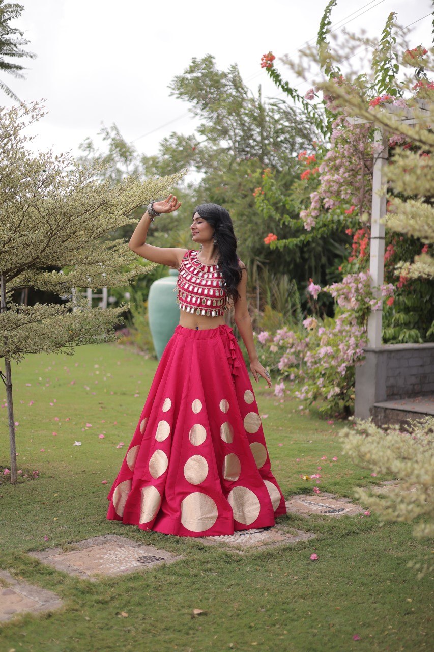 Pink Round Gota Roman Silk Navratri Lehenga Choli Set