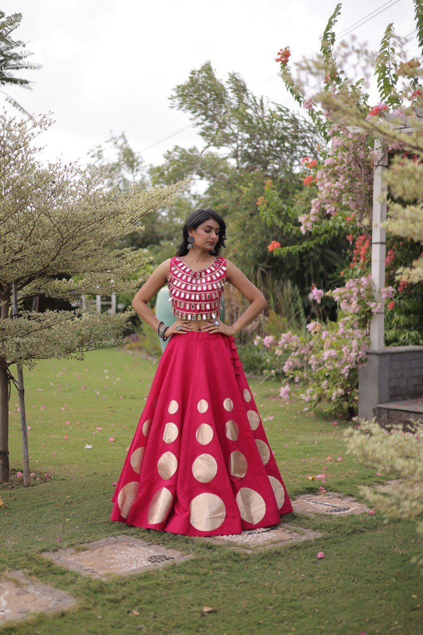 Pink Round Gota Roman Silk Navratri Lehenga Choli Set