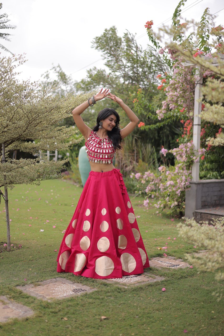Pink Round Gota Roman Silk Navratri Lehenga Choli Set