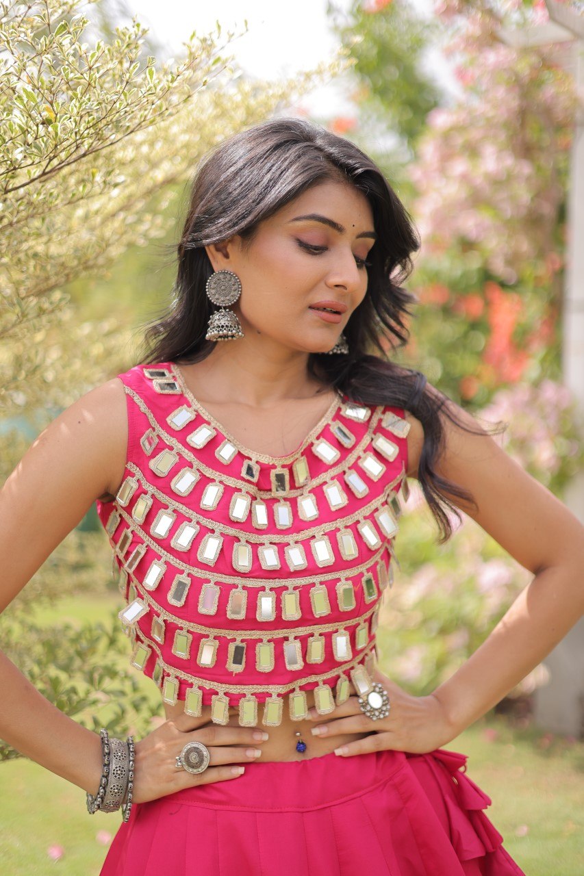 Pink Round Gota Roman Silk Navratri Lehenga Choli Set