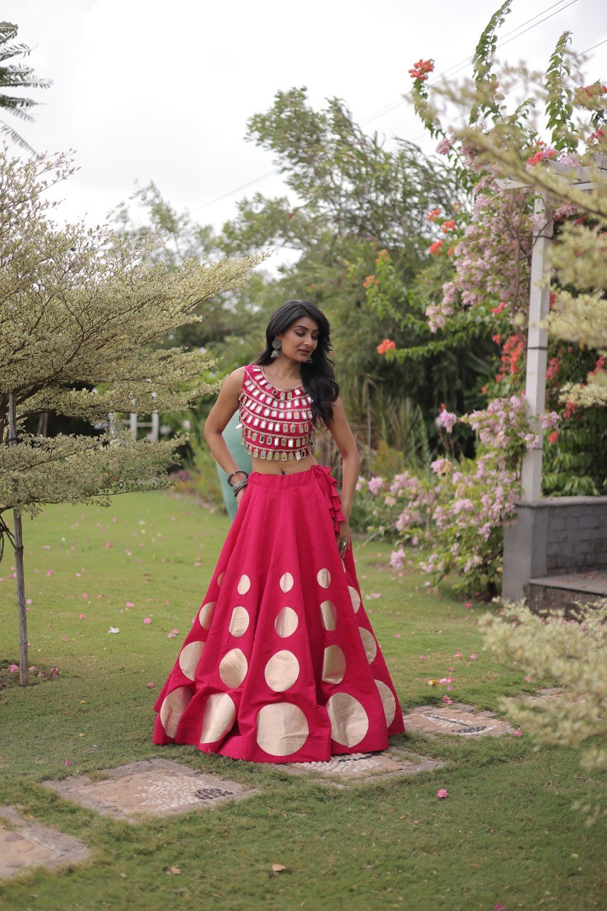 Pink Round Gota Roman Silk Navratri Lehenga Choli Set