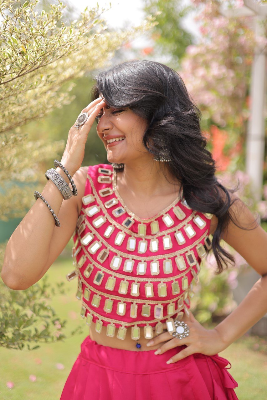 Pink Round Gota Roman Silk Navratri Lehenga Choli Set