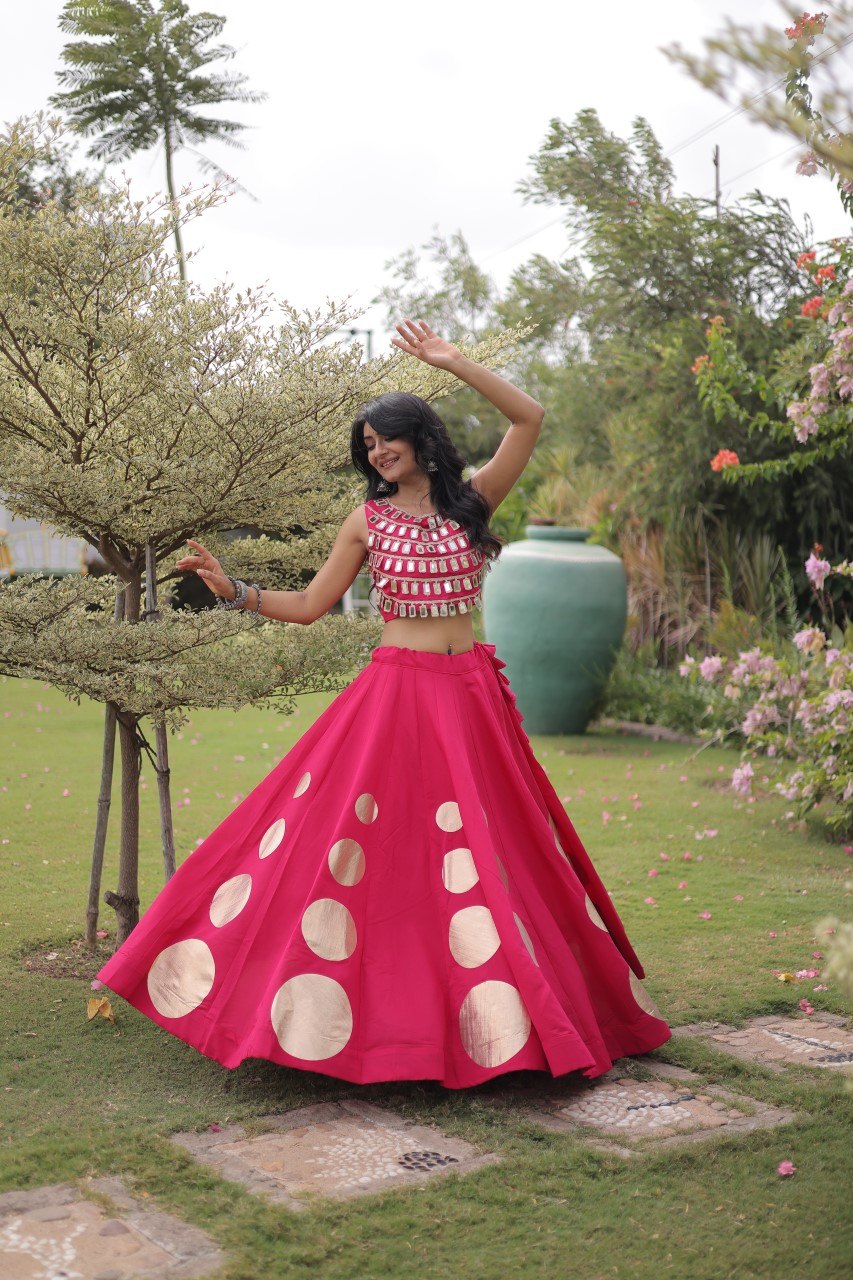 Pink Round Gota Roman Silk Navratri Lehenga Choli Set