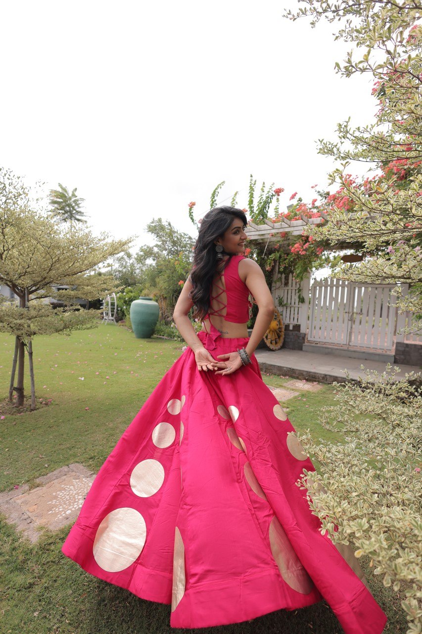 Pink Round Gota Roman Silk Navratri Lehenga Choli Set