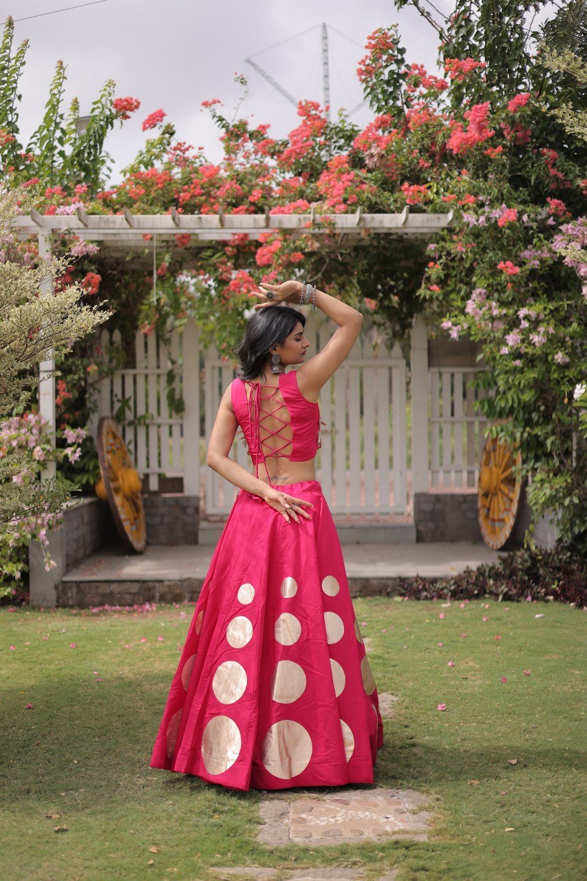 Pink Round Gota Roman Silk Navratri Lehenga Choli Set