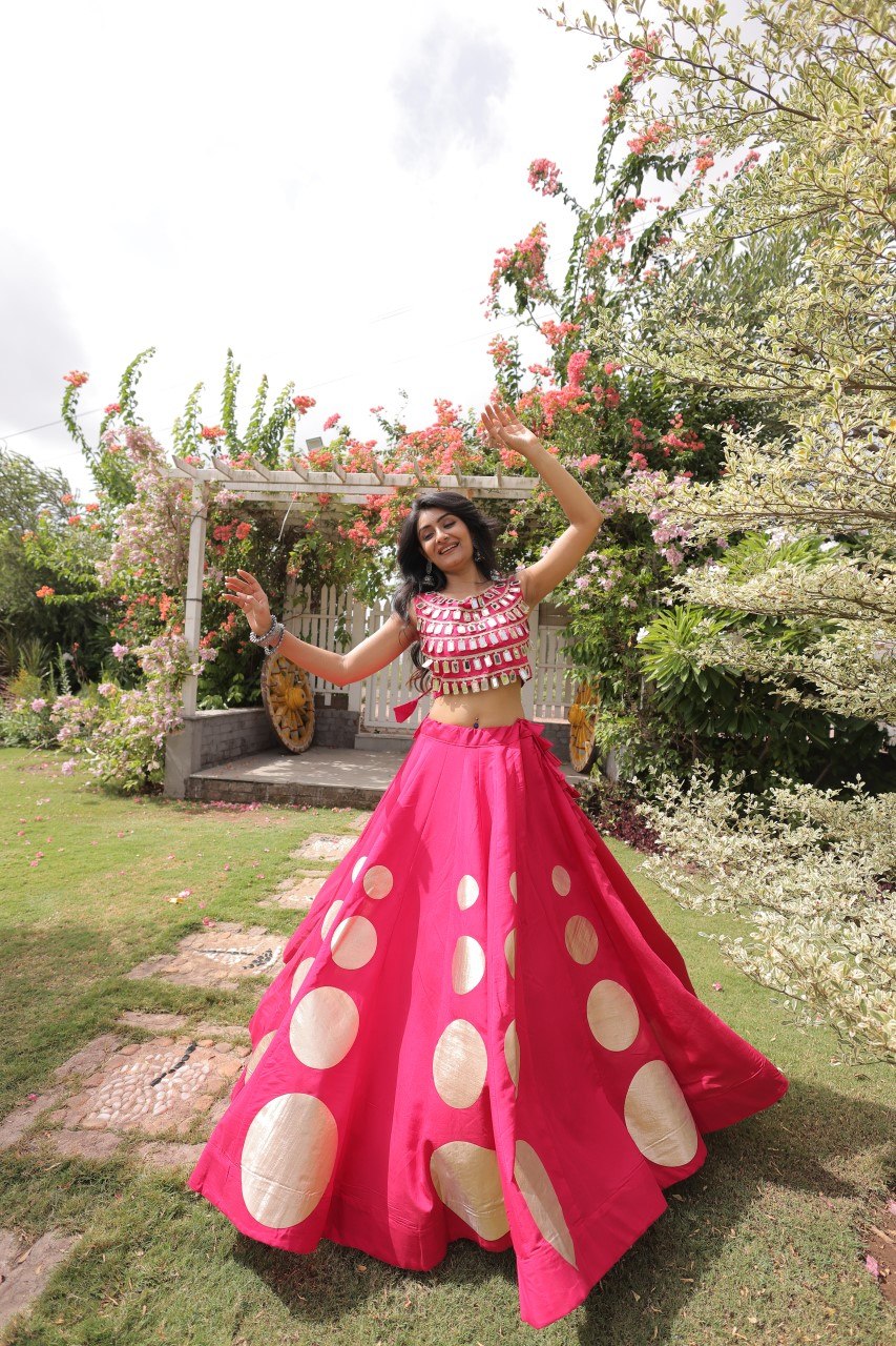 Pink Round Gota Roman Silk Navratri Lehenga Choli Set