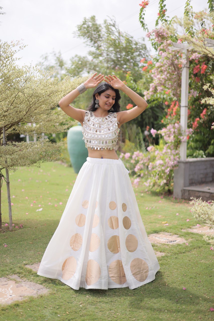 White Round Gota Roman Silk Navratri Lehenga Choli Set