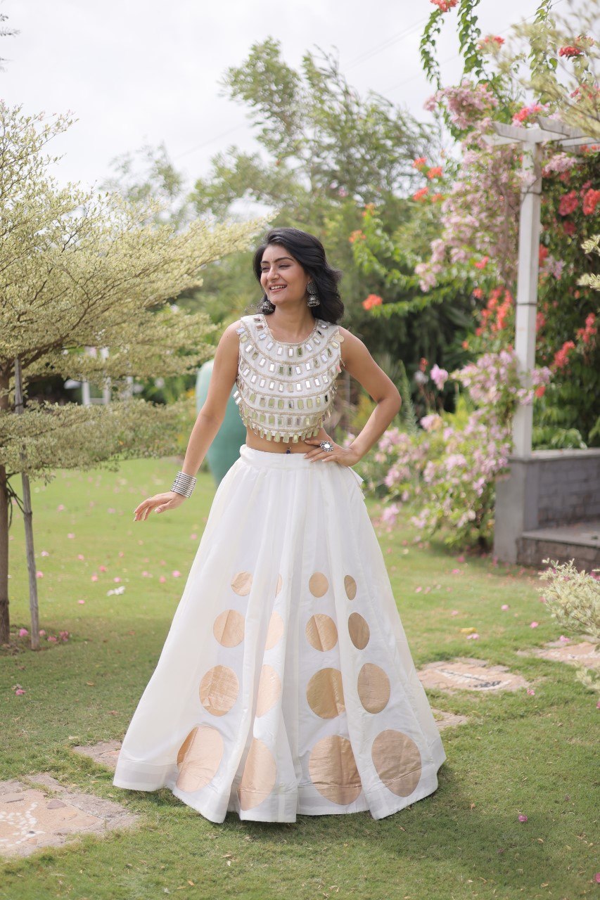 White Round Gota Roman Silk Navratri Lehenga Choli Set