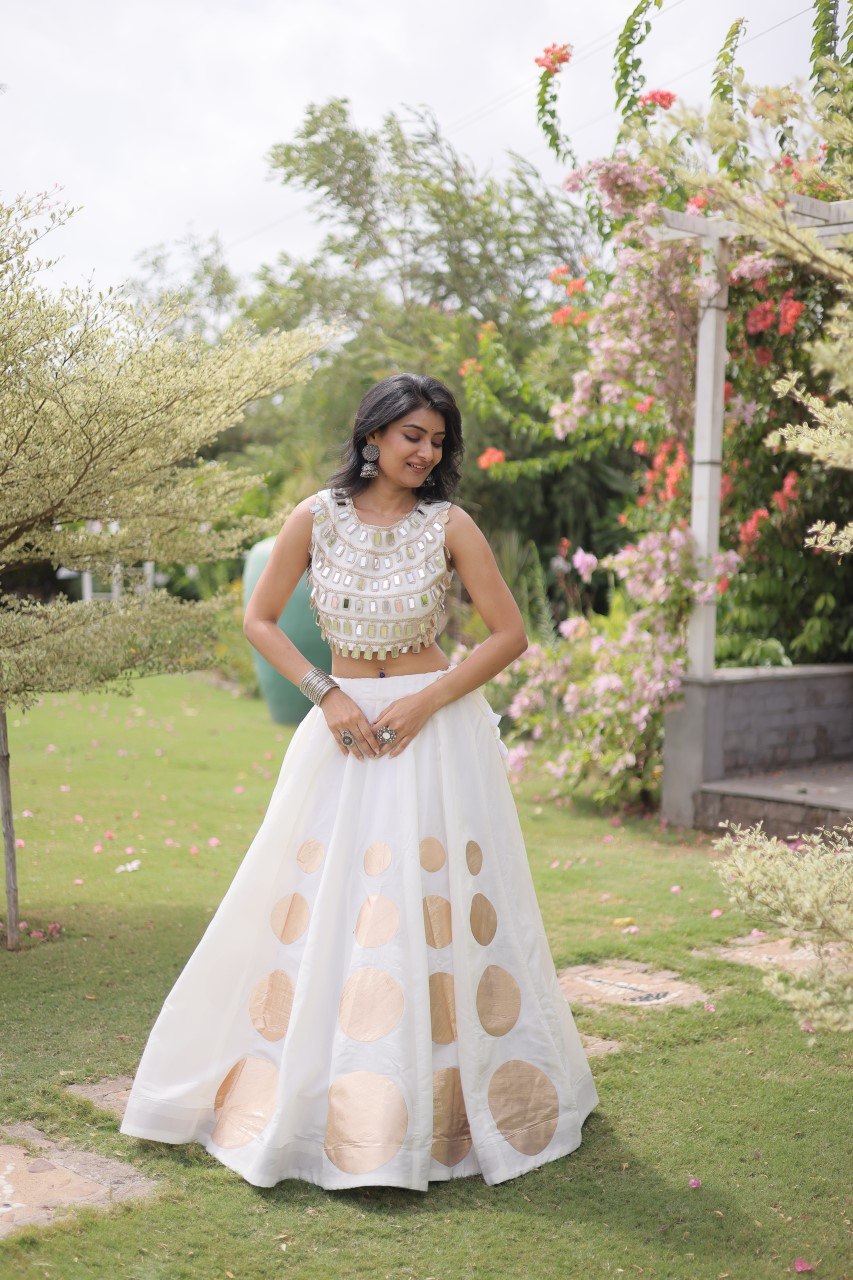 White Round Gota Roman Silk Navratri Lehenga Choli Set