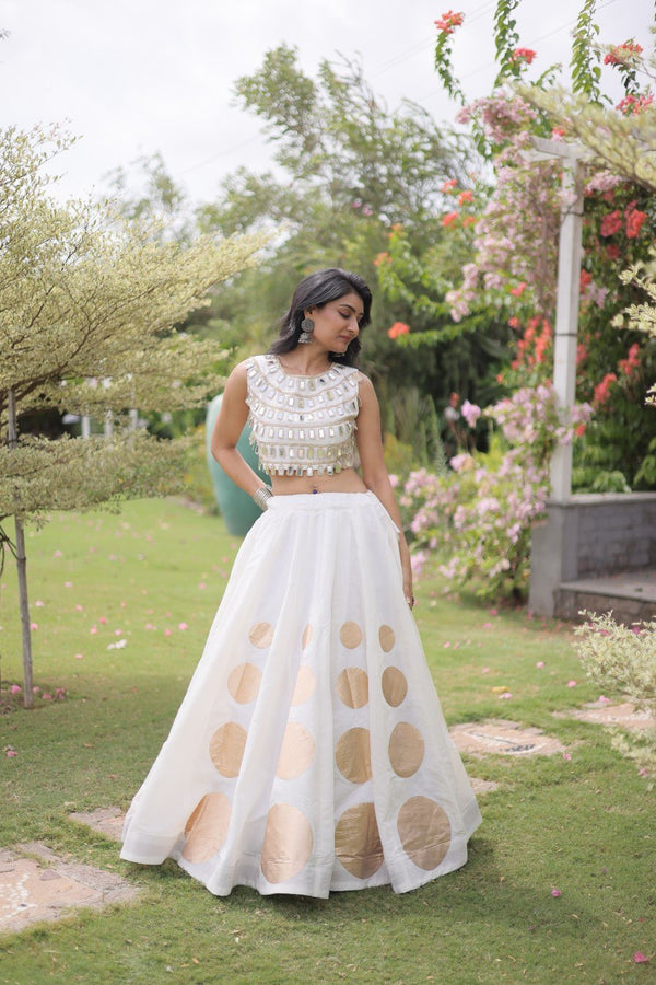 White Round Gota Roman Silk Navratri Lehenga Choli Set