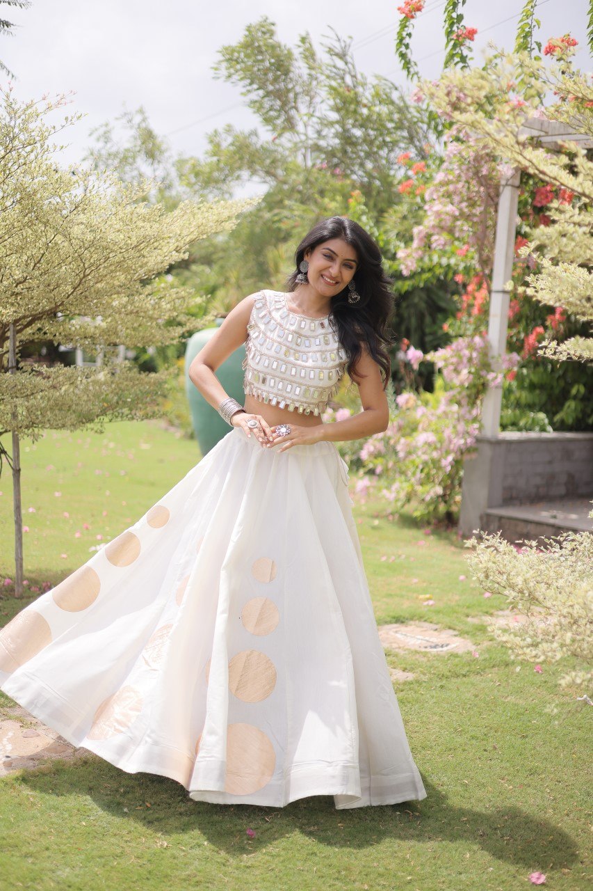 White Round Gota Roman Silk Navratri Lehenga Choli Set